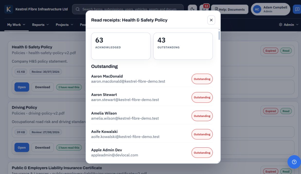 Health and Safety Policy read receipts showing acknowledged and outstanding totals with outstanding readers