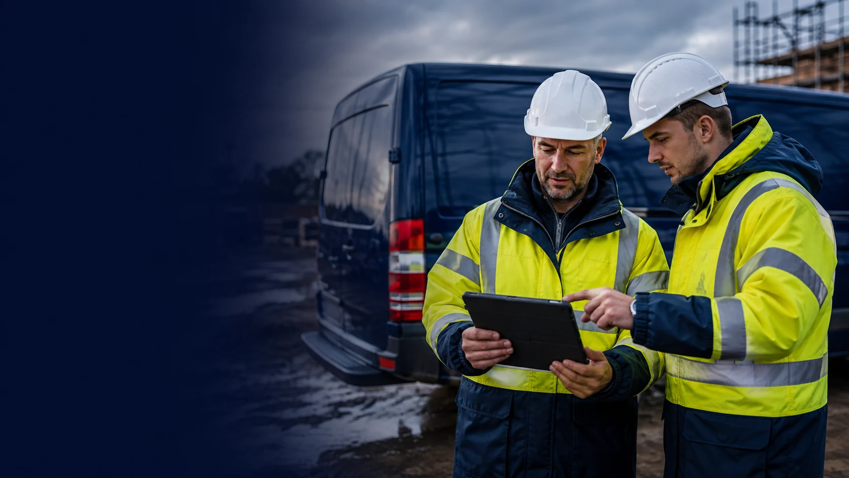 Illustration of field engineers reviewing work together beside a service van