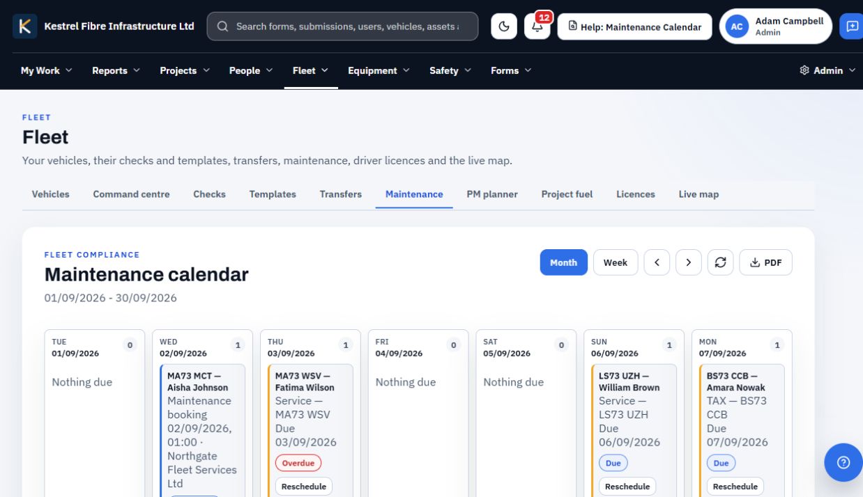 Fleet maintenance calendar showing scheduled bookings, service dates and a tax deadline