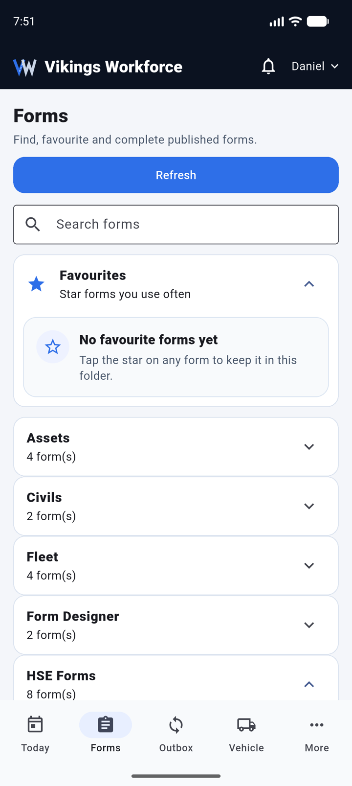 Fill Forms list on the Vikings Workforce mobile app