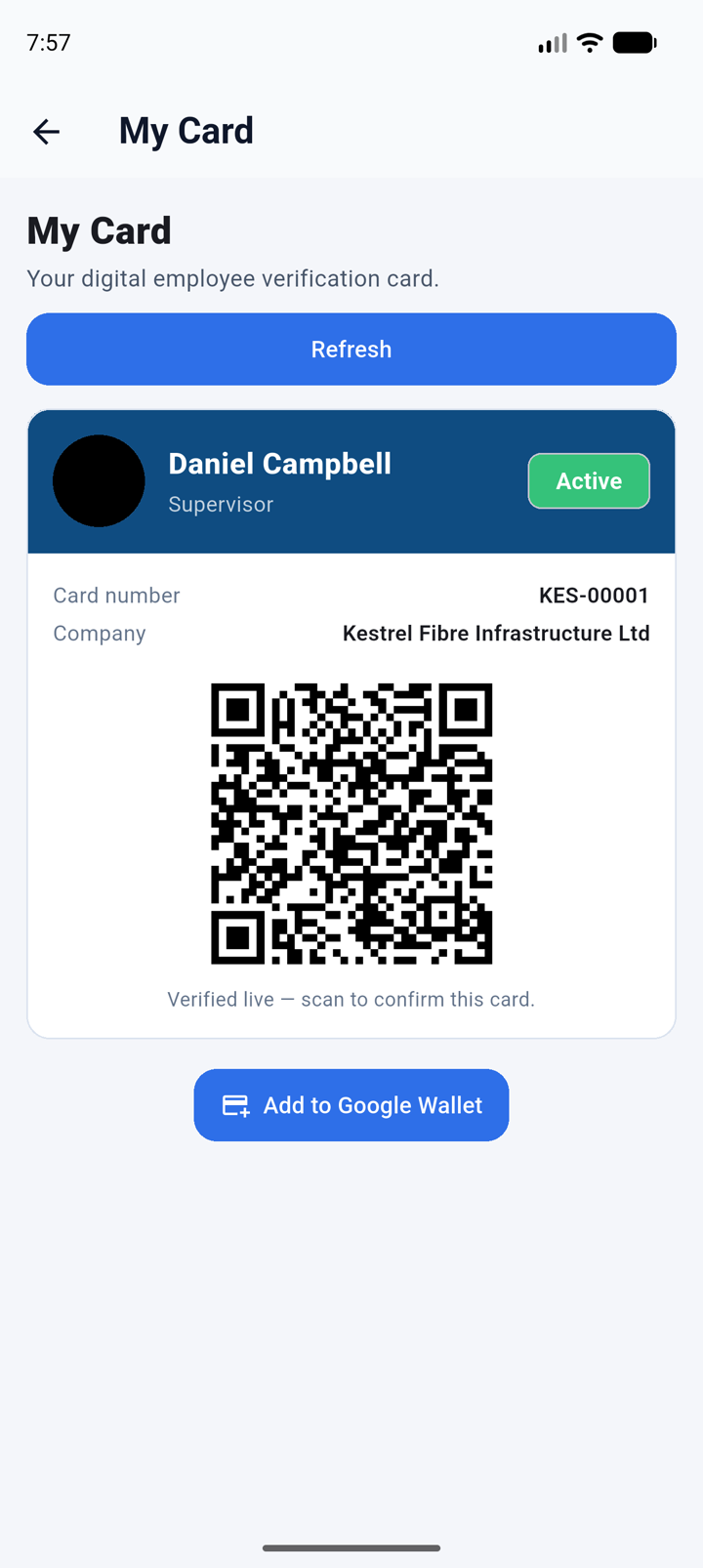 My Card digital employee verification card on the Vikings Workforce mobile app, with wallet pass and QR code