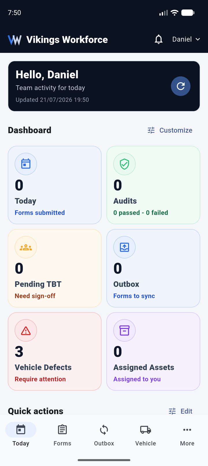 Vikings Workforce mobile app Today screen, showing forms submitted, audits, pending toolbox talks and vehicle defects
